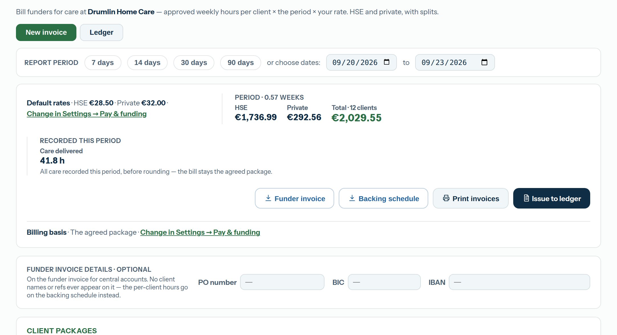Invoicing screen: the report period, default HSE and private rates, the period's totals by funder, care delivered, and the funder invoice and backing schedule buttons above each client's package.